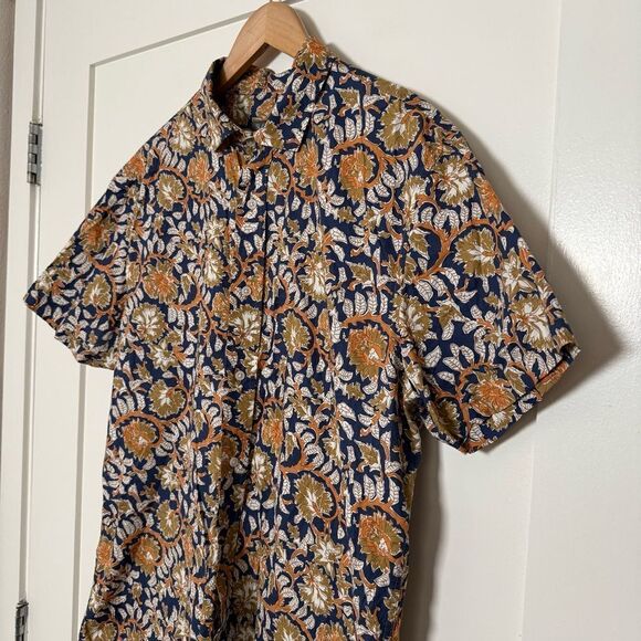 Slate & Stone Shirt Mens Large Blue Orange Floral Leaf Button Up Short Sleeve - Picture 2 of 12